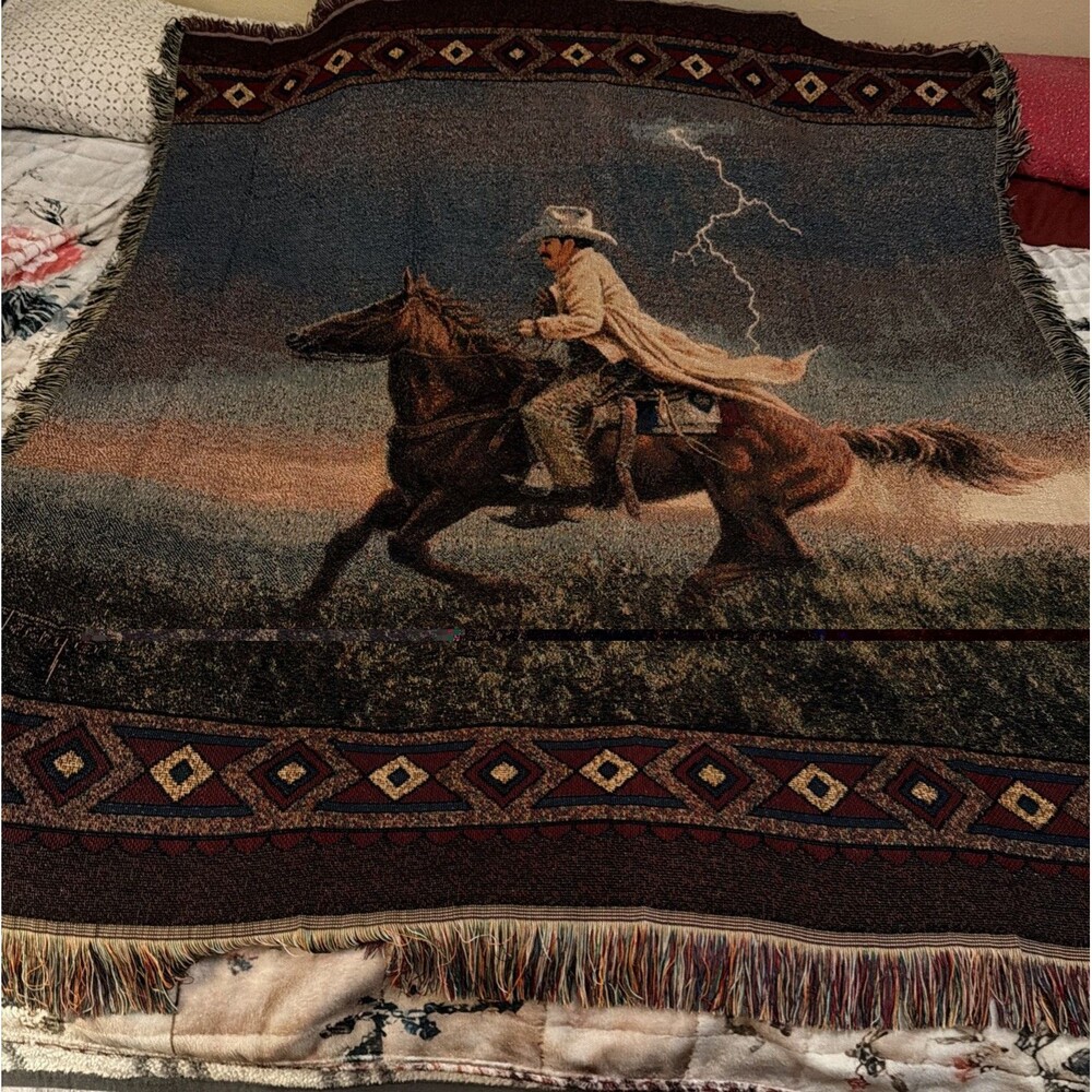 Vtg Mohawk Home Jack Terry Western Cowboy Woven Tapestry Throw Blanket 54x46 USA